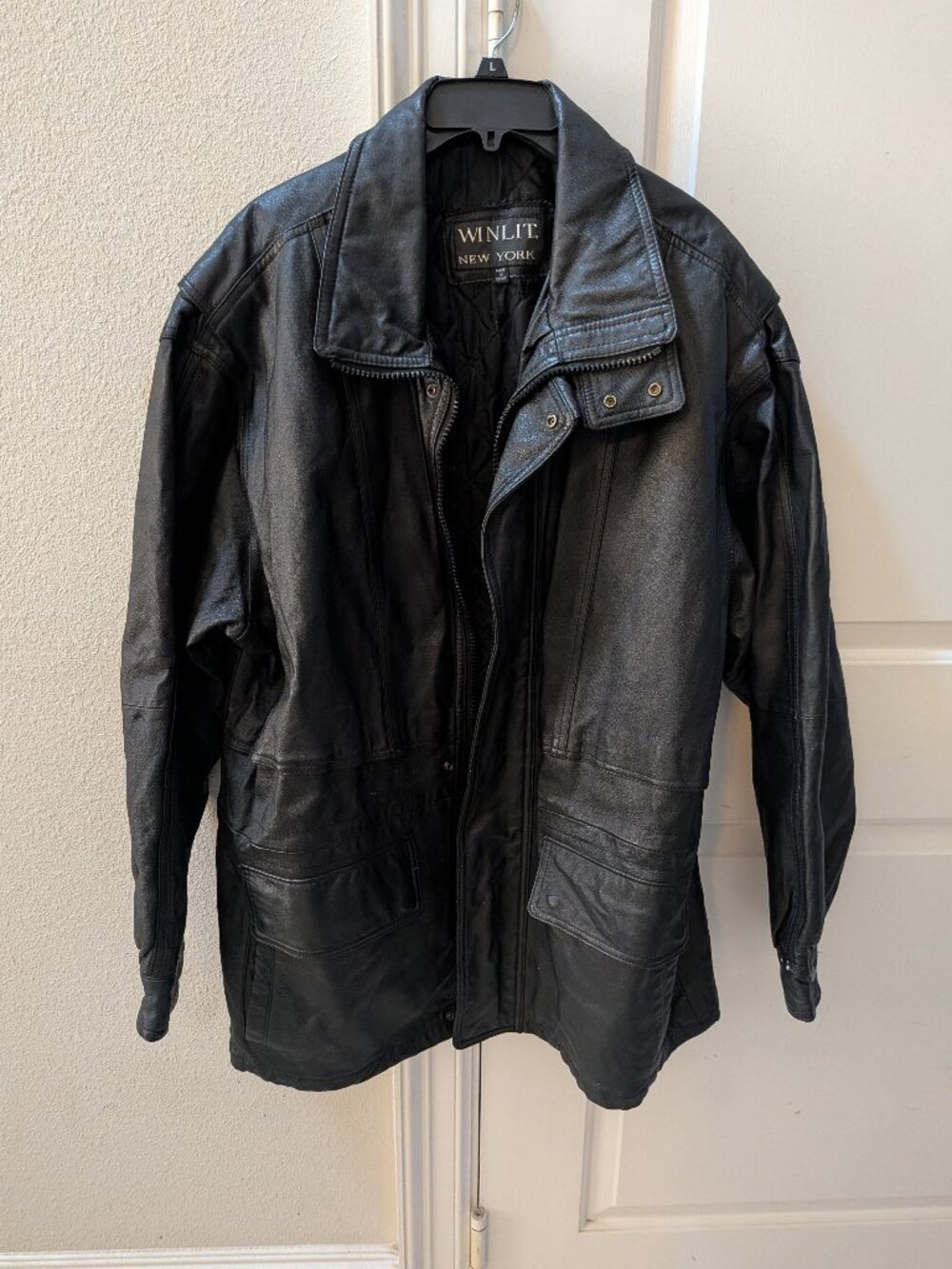 Winlit Men’s Leather Jacket Black Snap Collar closure Size Large